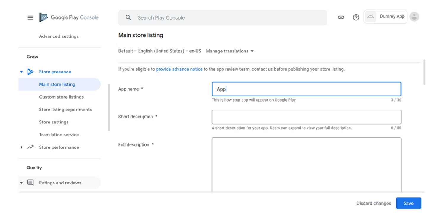 Enter the app store listing details app store listing